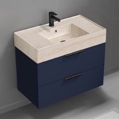 Floating Bathroom Vanity, Modern, Blue, 32 inch, Travertine Style Sink